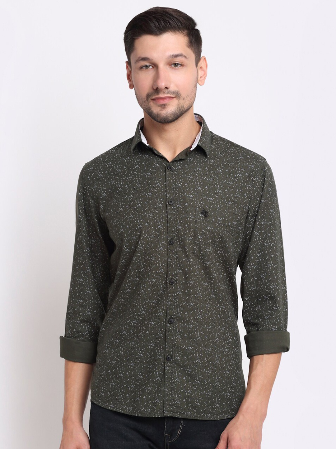 

Cantabil Men Olive Green Opaque Printed Casual Shirt