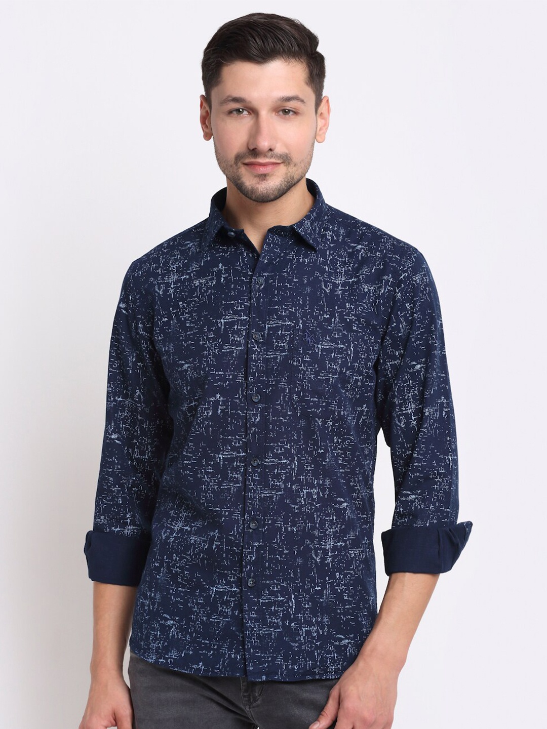 

Cantabil Men Navy Blue Opaque Printed Pure Cotton Casual Shirt