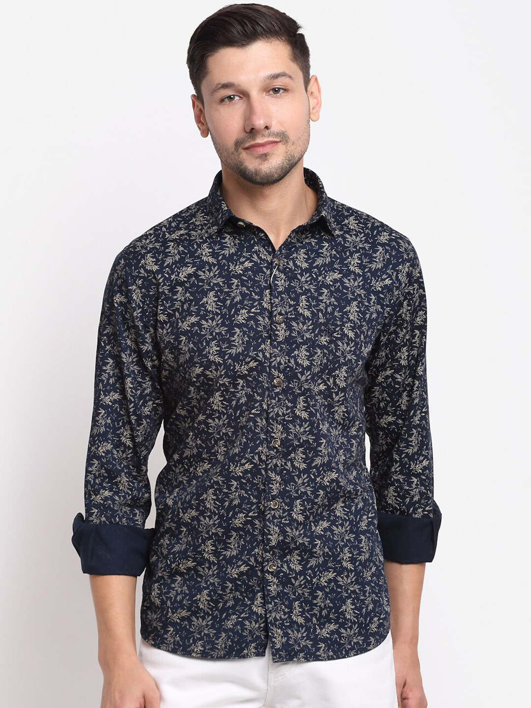 

Cantabil Men Navy Blue Floral Opaque Printed Pure Cotton Casual Shirt
