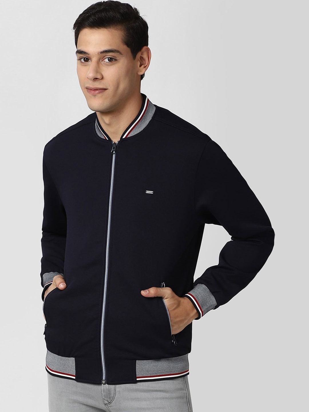 

Peter England Casuals Men Navy Blue Striped Bomber with Embroidered Jacket