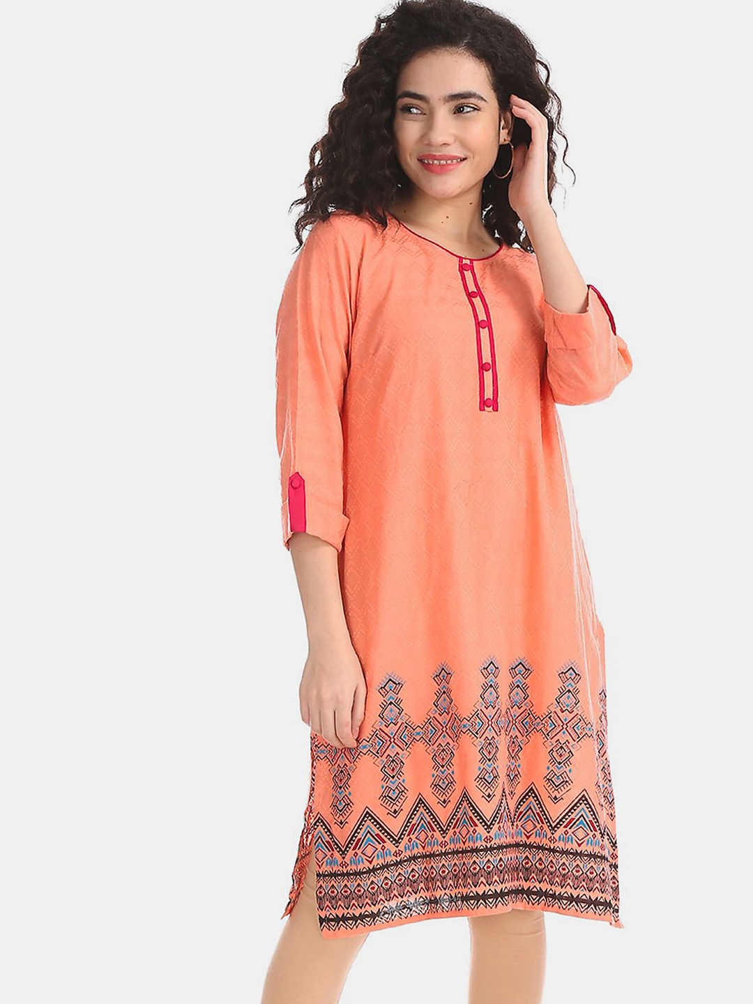 

Karigari Women Pink Ethnic Motifs Printed Straight Pure Cotton Kurta