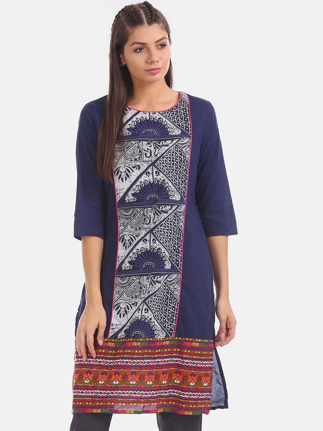 

Karigari Women Navy Blue Ethnic Motifs Printed Pure Cotton Kurta