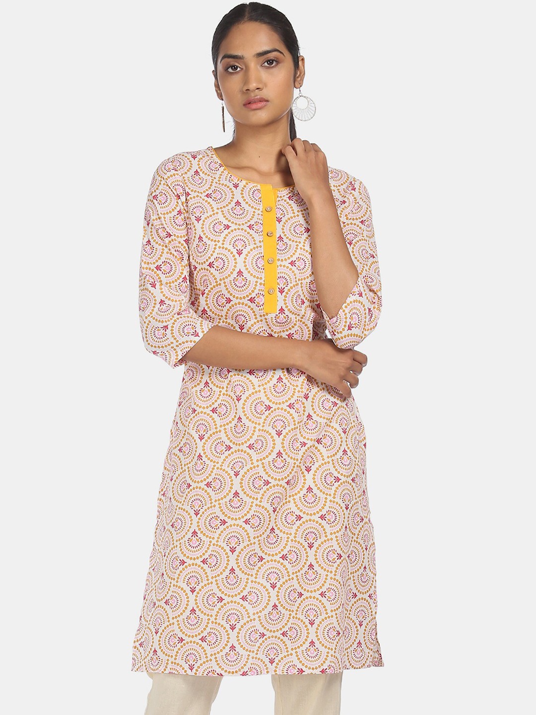 

Karigari Women White & Yellow Ethnic Motifs Printed Kurta