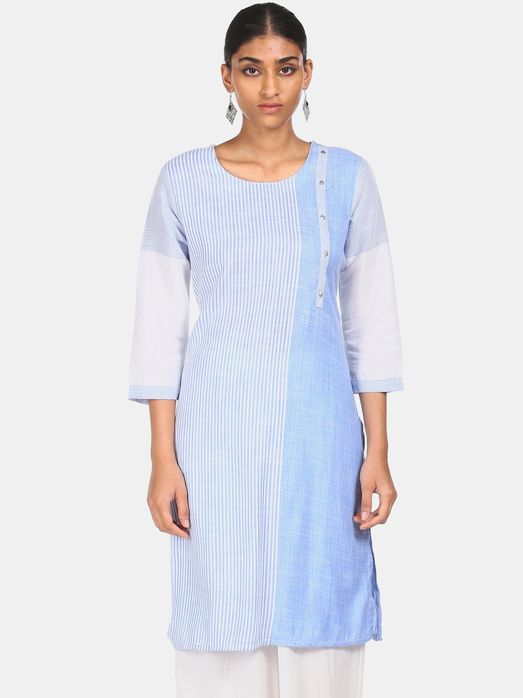

Karigari Women Blue Striped Flared Sleeves Kurta