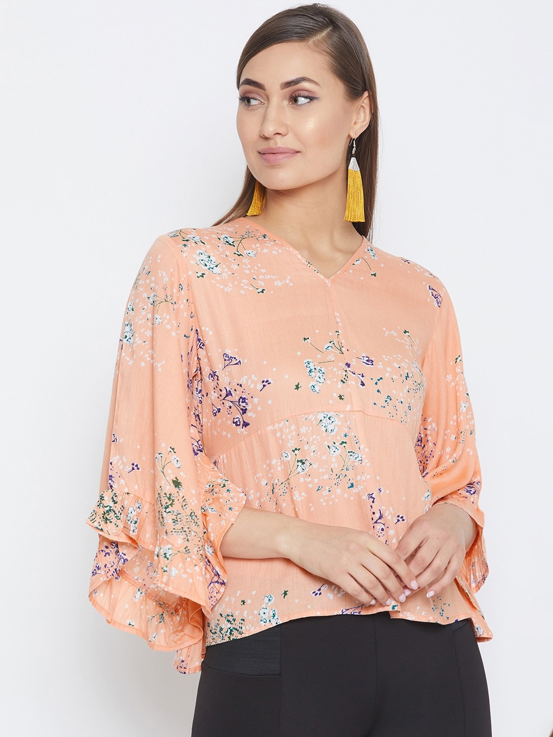 

PURYS Peach-Coloured Floral Extended Sleeves Regular Top