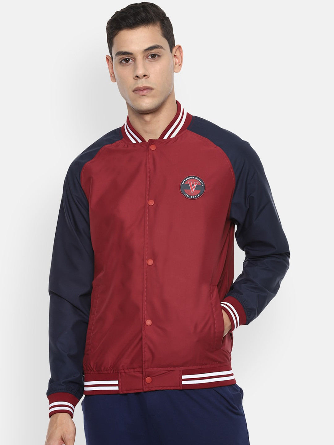 

Van Heusen Sport Men Maroon & White Striped Varsity Jacket