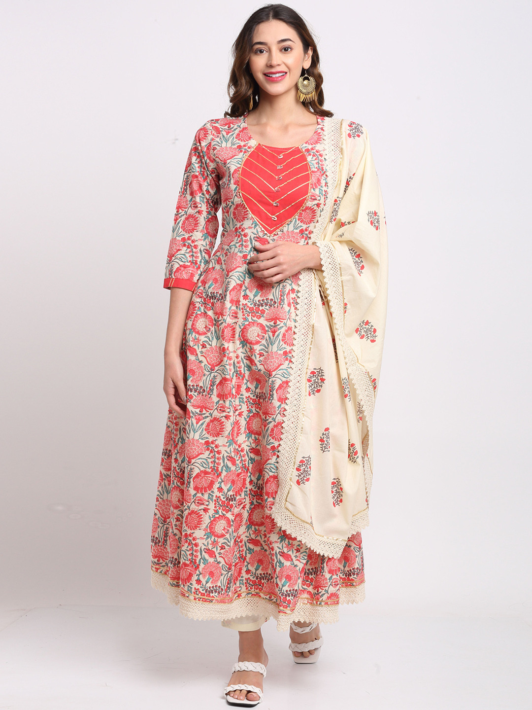 

Rajnandini Women Beige Floral Printed Regular Pure Cotton Kurti with Trousers & With Dupatta