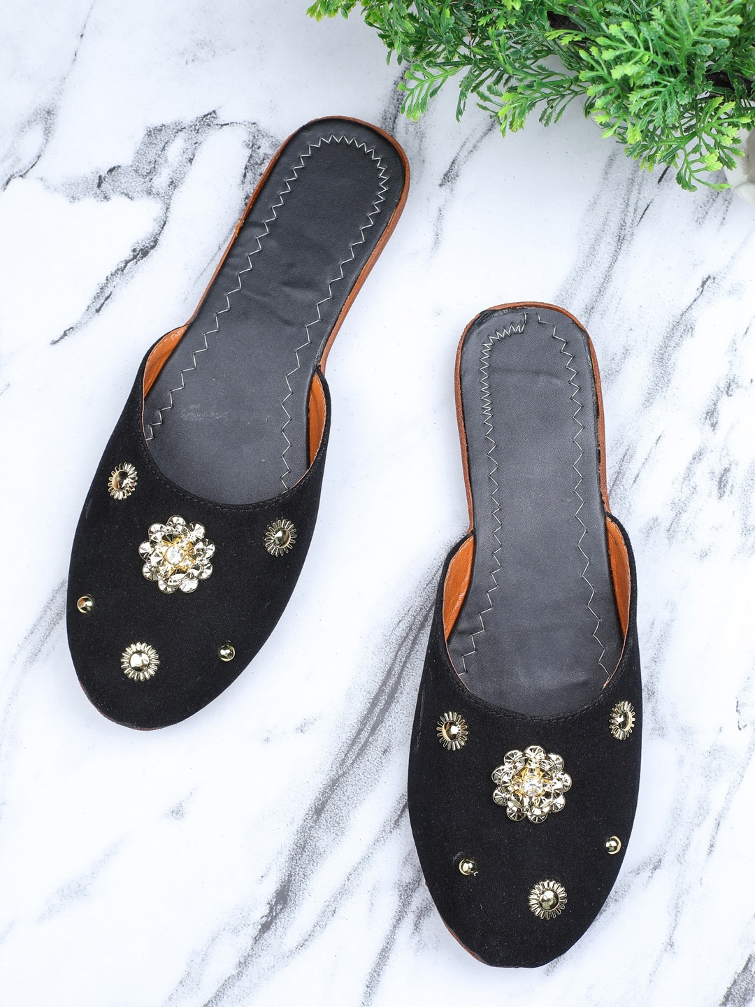 

FABBMATE Women Black Embellished Mules Flats