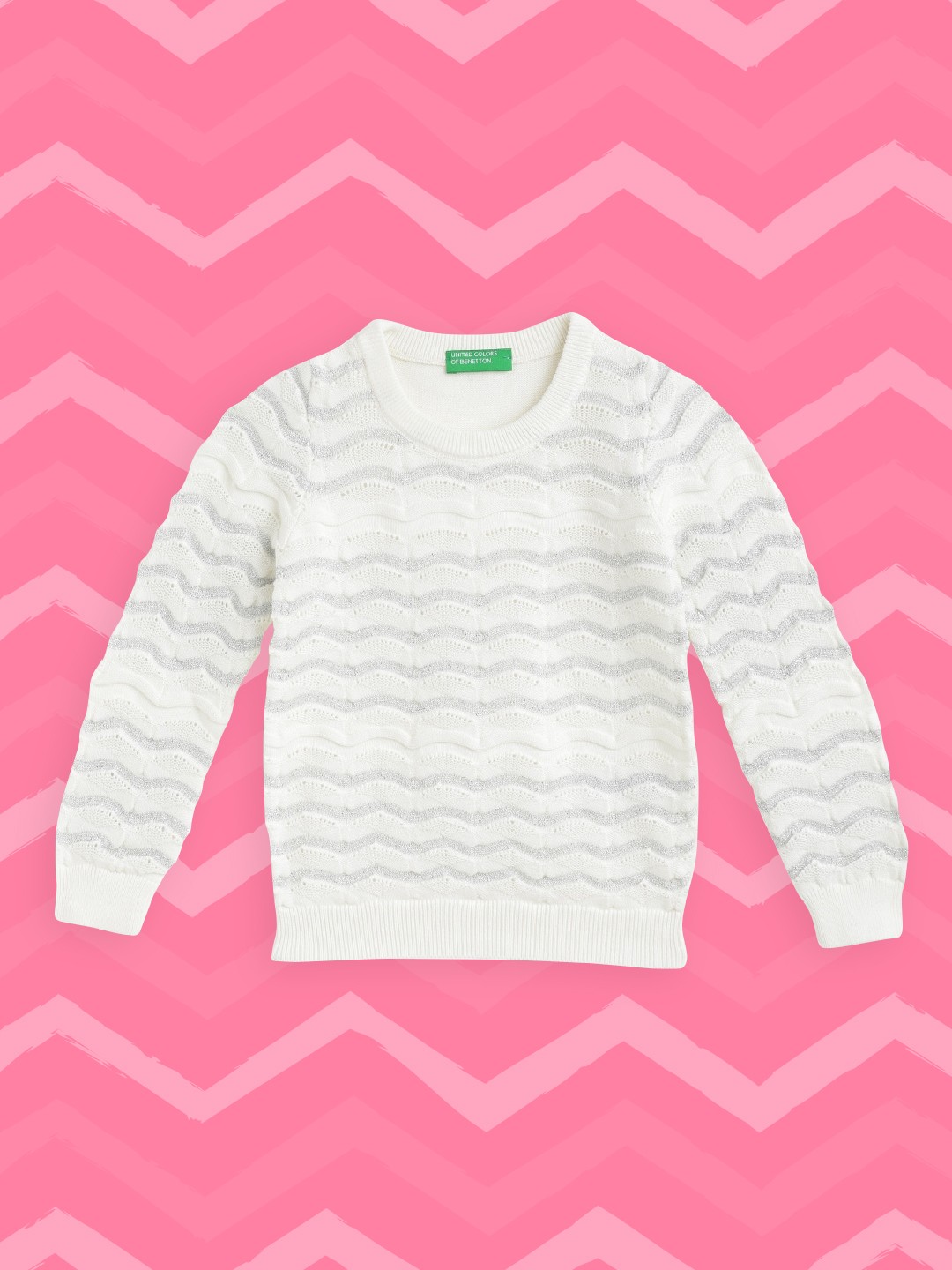 

United Colors of Benetton Girls White & Silver Open Knit Pullover