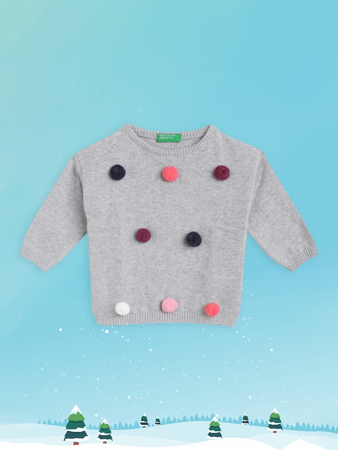 

United Colors of Benetton Girls Grey Melange Pure Cotton Pom-Pom Pullover