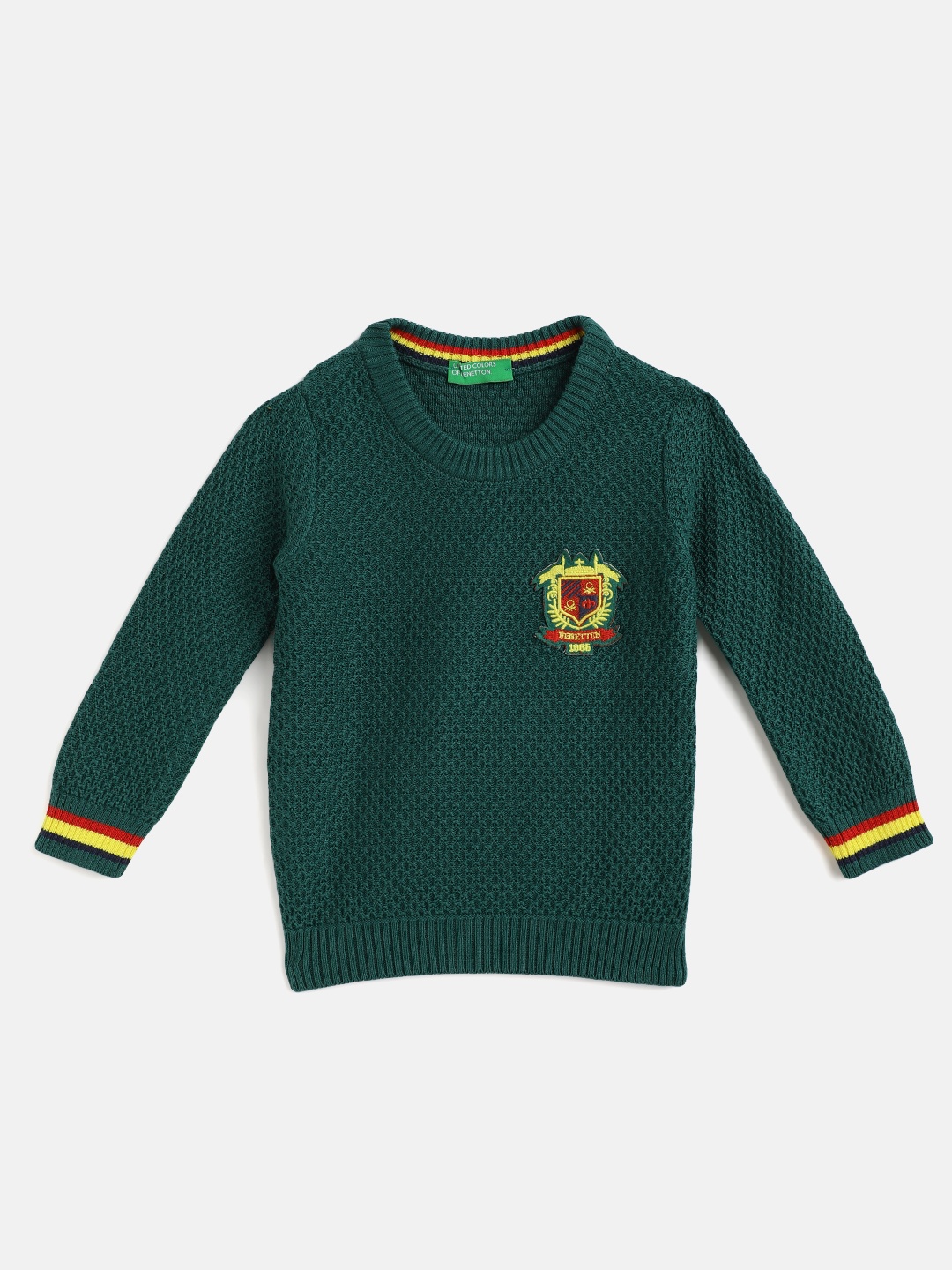 

United Colors of Benetton Boys Green Pure Cotton Self-Design Pullover with Applique Detail