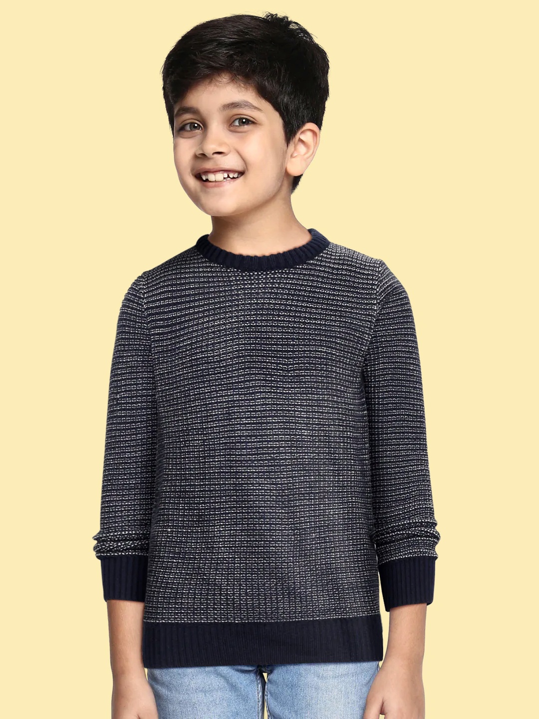 

United Colors of Benetton Boys Navy Blue & Grey Self-Design Pullover