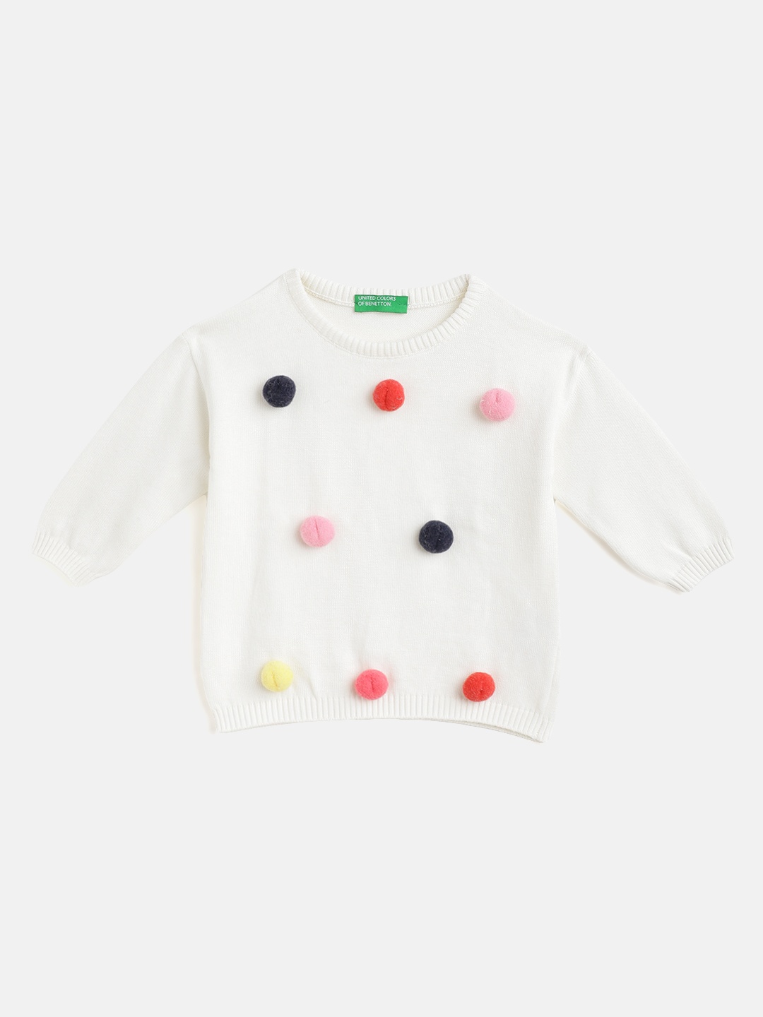 

United Colors of Benetton Girls White Pure Cotton Pom-Pom Pullover