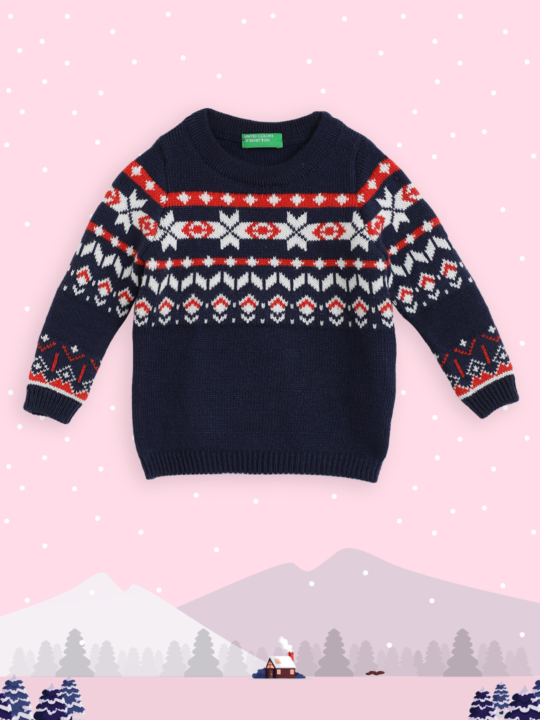 

United Colors of Benetton Girls Navy Blue & White Fair Isle Pullover