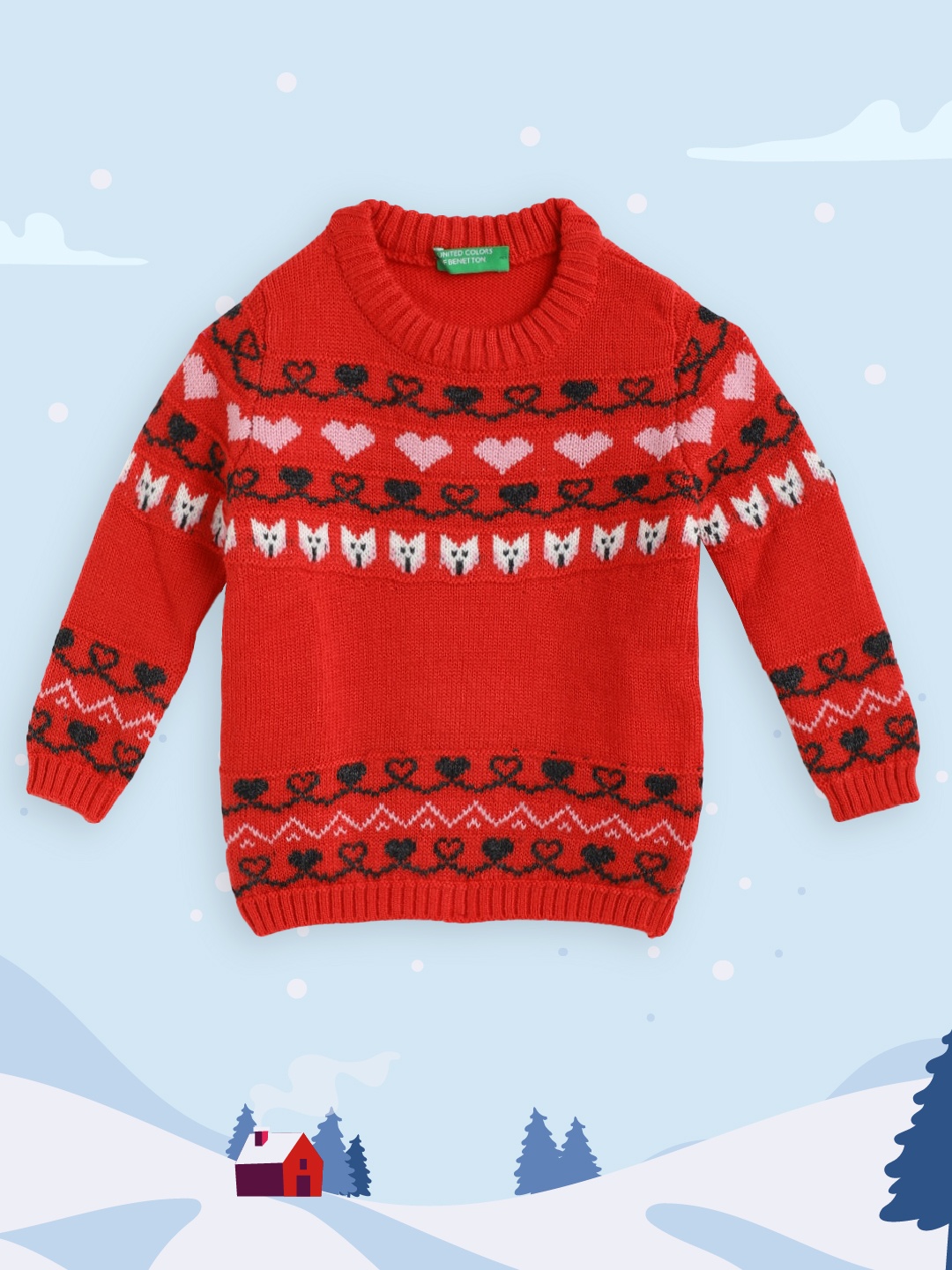 

United Colors of Benetton Girls Red & Black Fair Isle Pullover