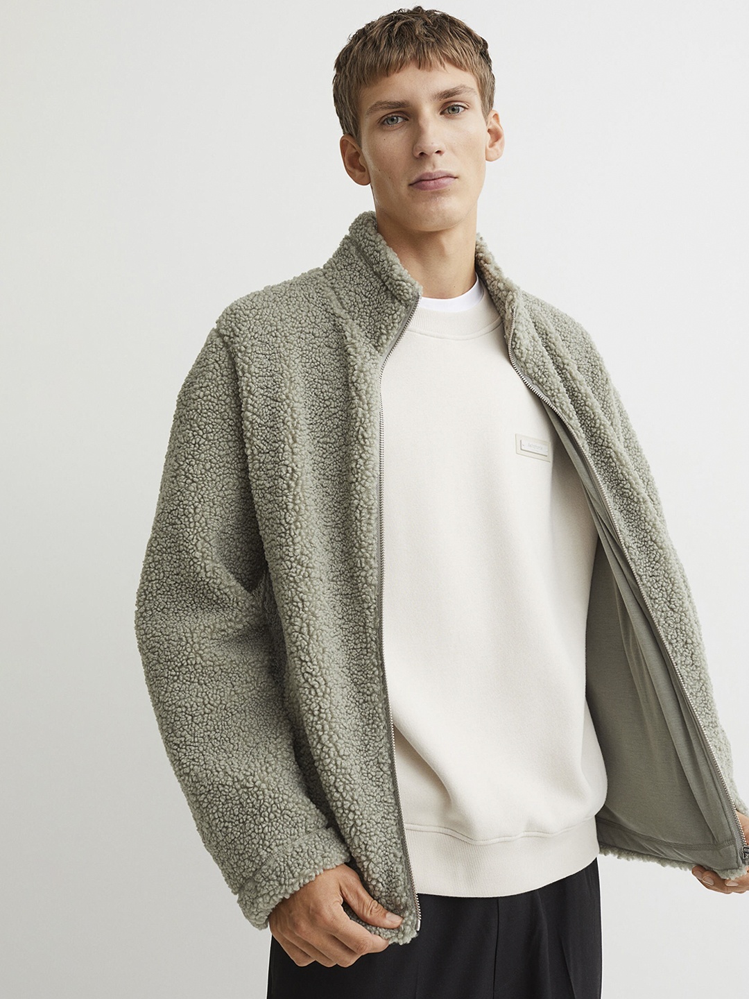 

H&M Men Green Regular Fit Faux Shearling Jacket