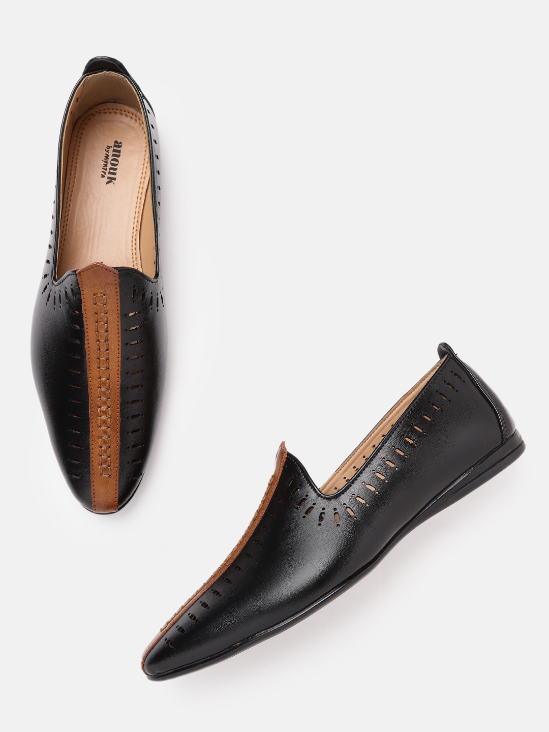 

Anouk Men Black & Tan Brown Colourblocked Mojaris with Laser Cuts