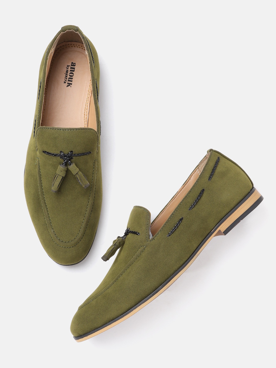 

Anouk Men Olive Green Solid Suede Finish Tasselled Loafers