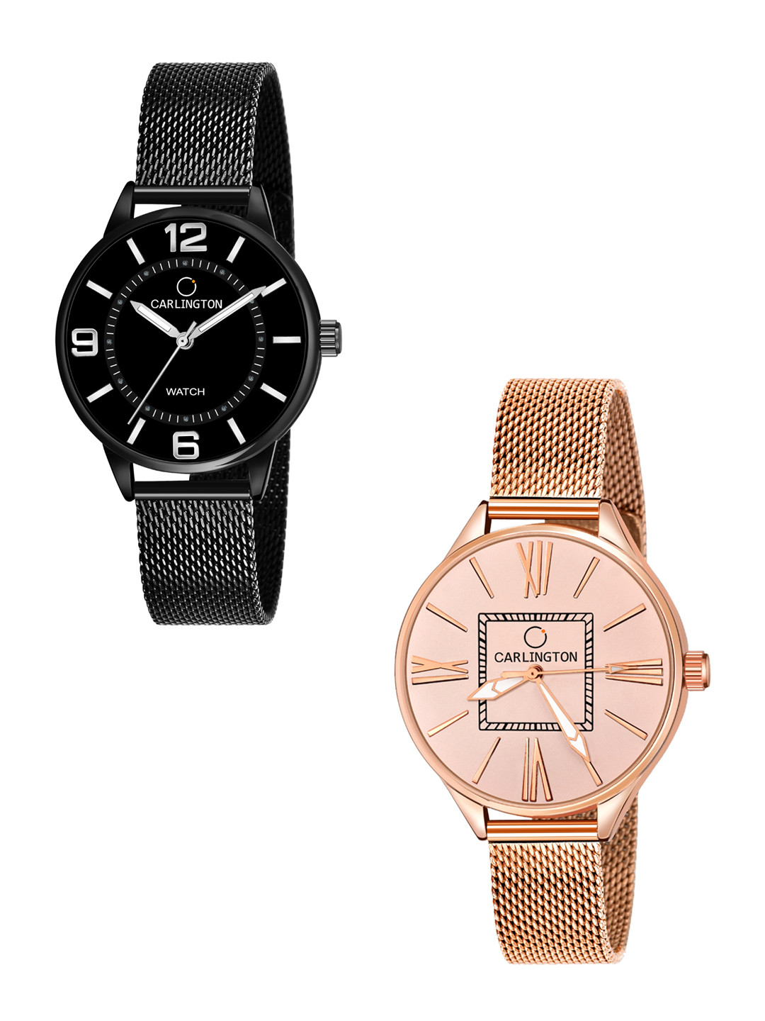 

CARLINGTON Women Set of 2 Black Stainless Steel Bracelet Style Straps Analogue Watch