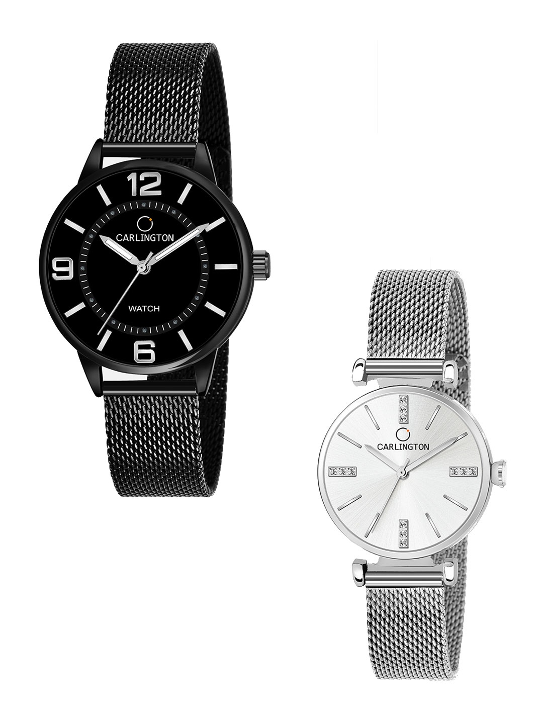 

CARLINGTON Women Set of 2 Black Stainless Steel Bracelet Style Straps Watch