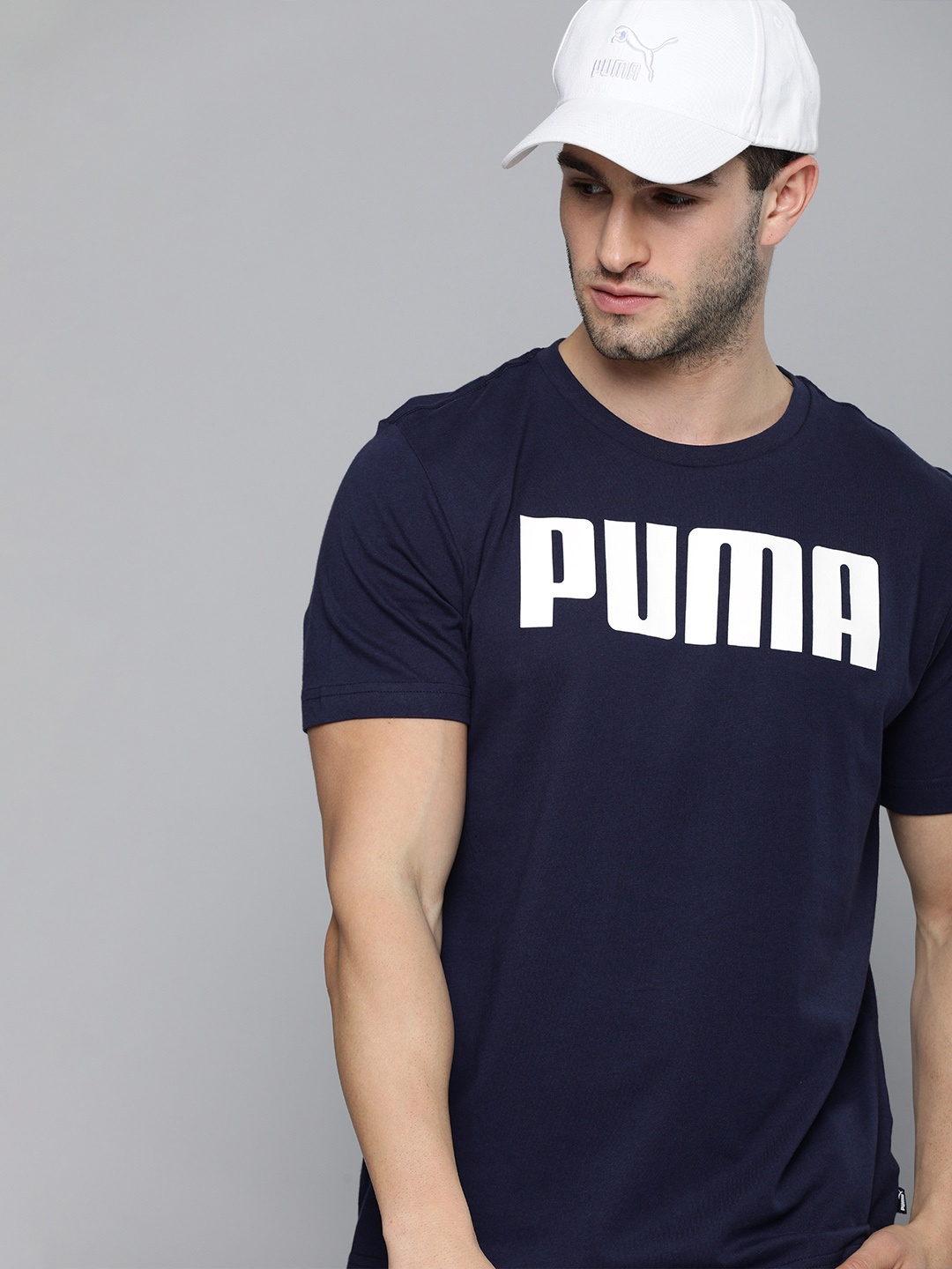 

Puma Men Navy Blue & White Printed Essentials Pure Cotton T-shirt