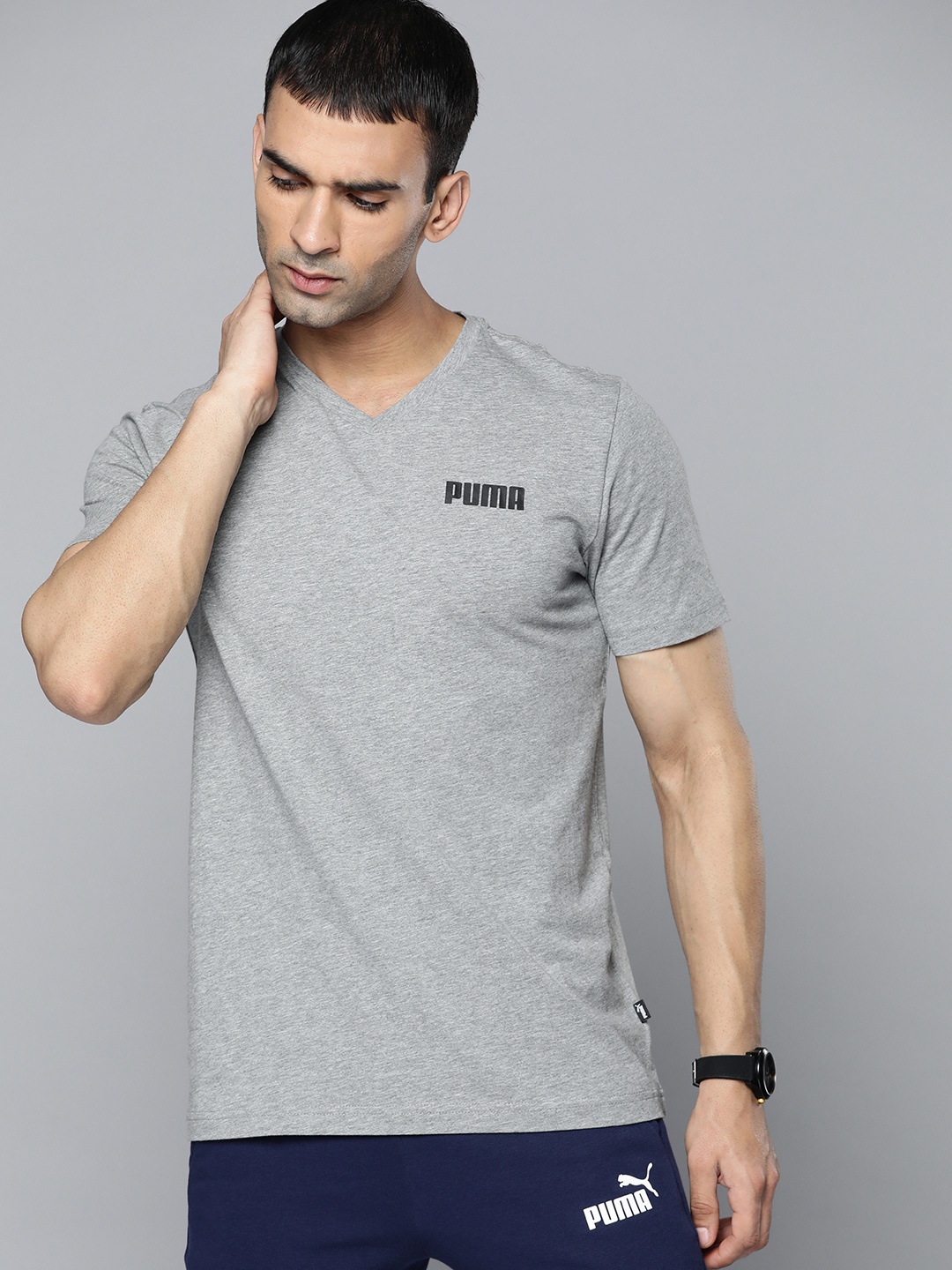 

Puma Men Grey Melange Elevated Essential V-Neck Pure Cotton T-shirt