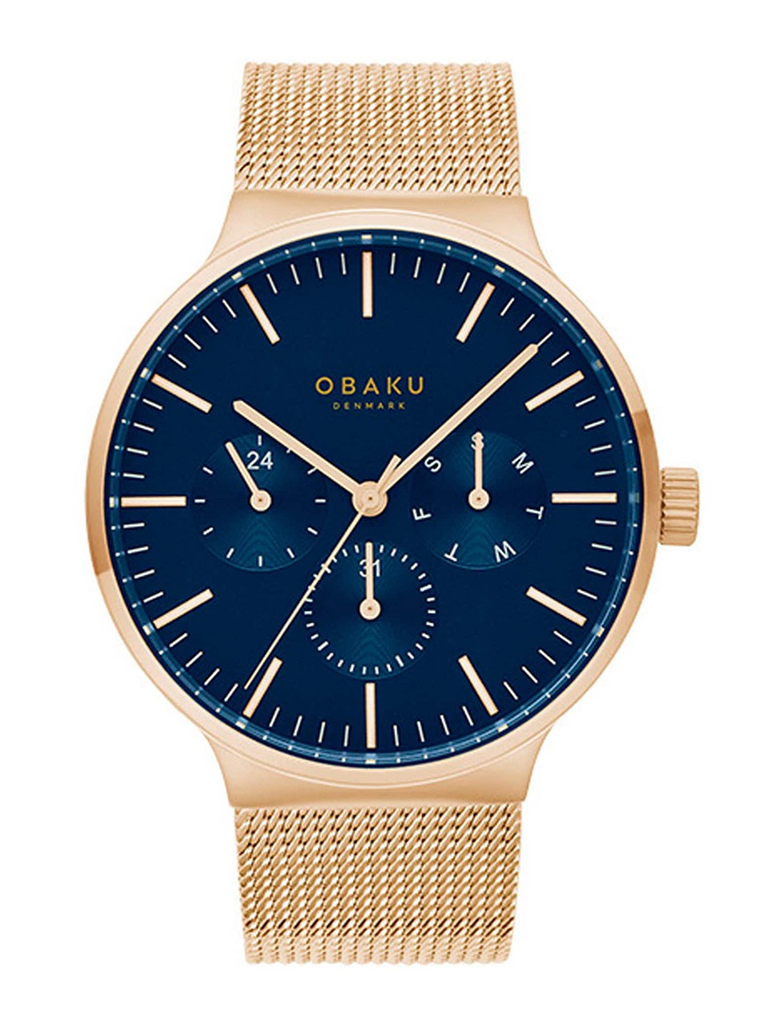 Obaku Men Blue Multifunction Brass Dial & Rose Gold Toned Straps Analogue Watch V229GMVLMV