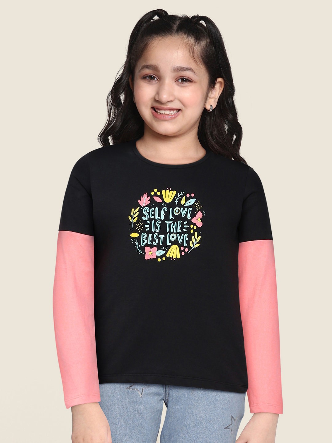 

HERE&NOW Girls Black & Pink Printed Pure Cotton T-shirt