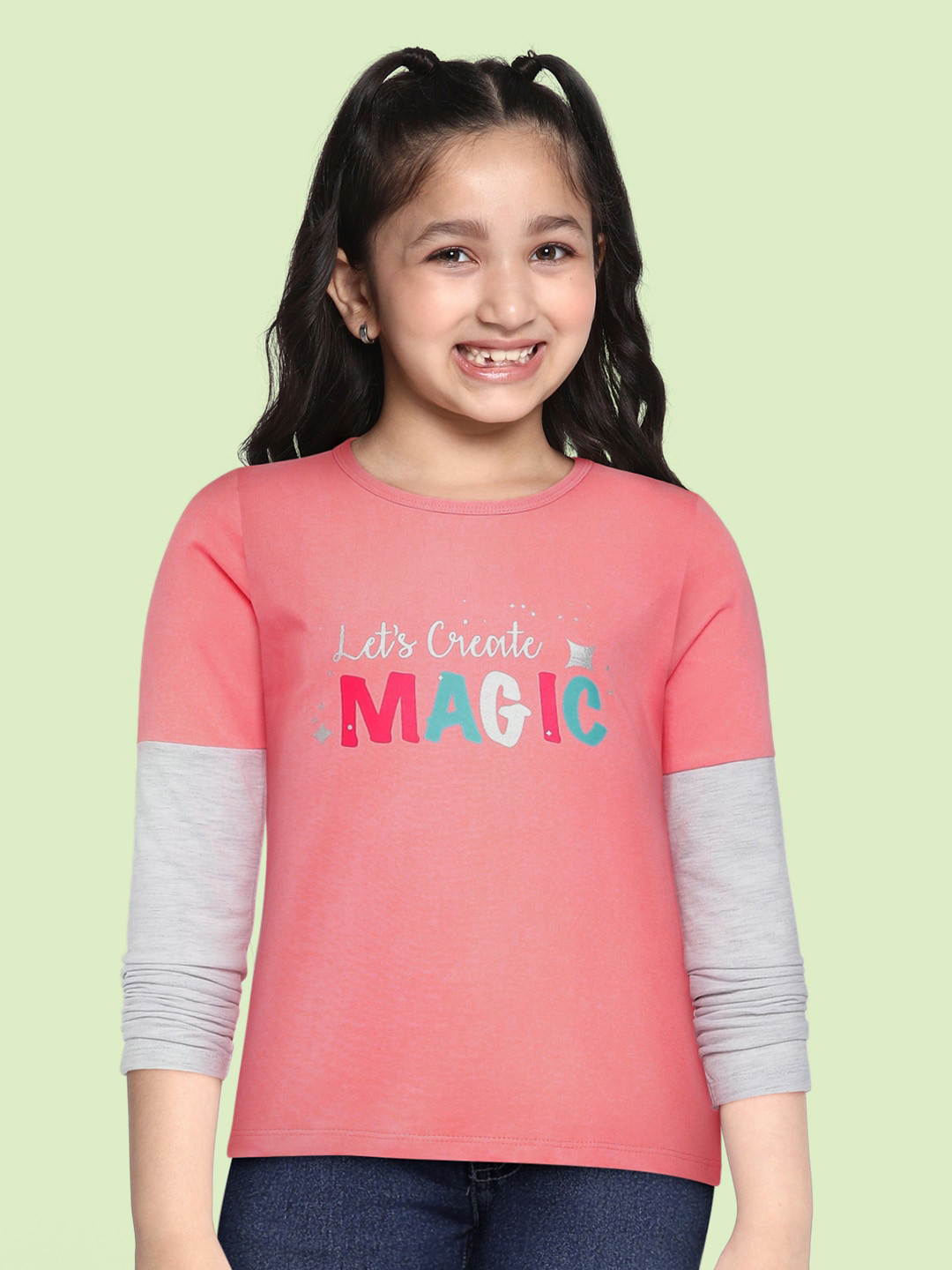 

HERE&NOW Girls Pink & Grey Melange Typography Printed Round Neck Cotton Applique T-shirt