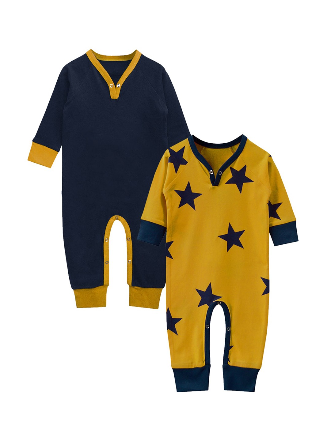 

A.T.U.N. Infant Kids Set Of 2 Navy Blue & Mustard Yellow Pure-Cotton Rompers