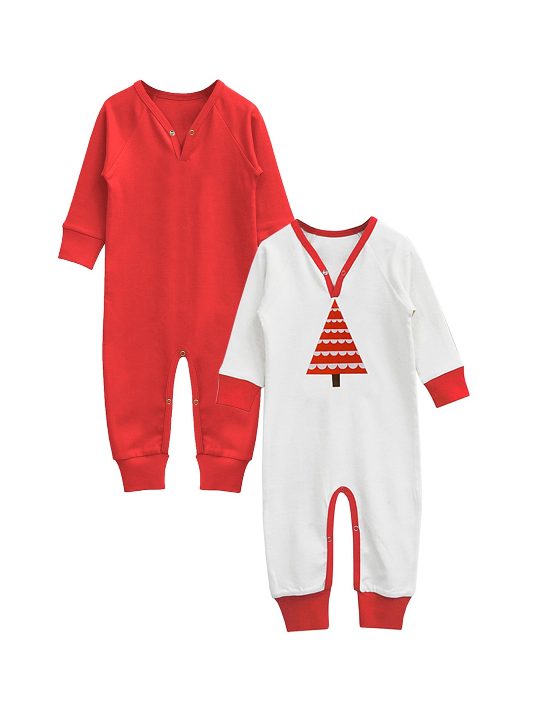 

A.T.U.N. Infants Kids Pack Of 2 Red & White Pure Cotton Rompers