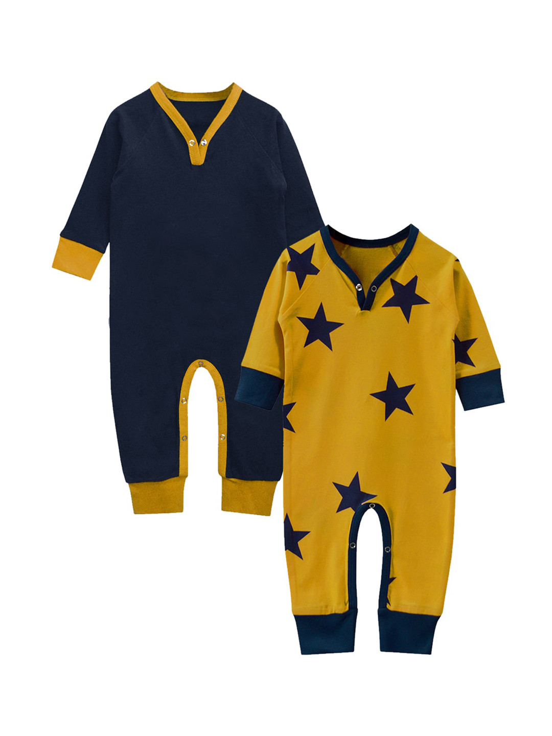 

A.T.U.N. Kids Pack of 2 Navy Blue & Mustard Pure Cotton Rompers