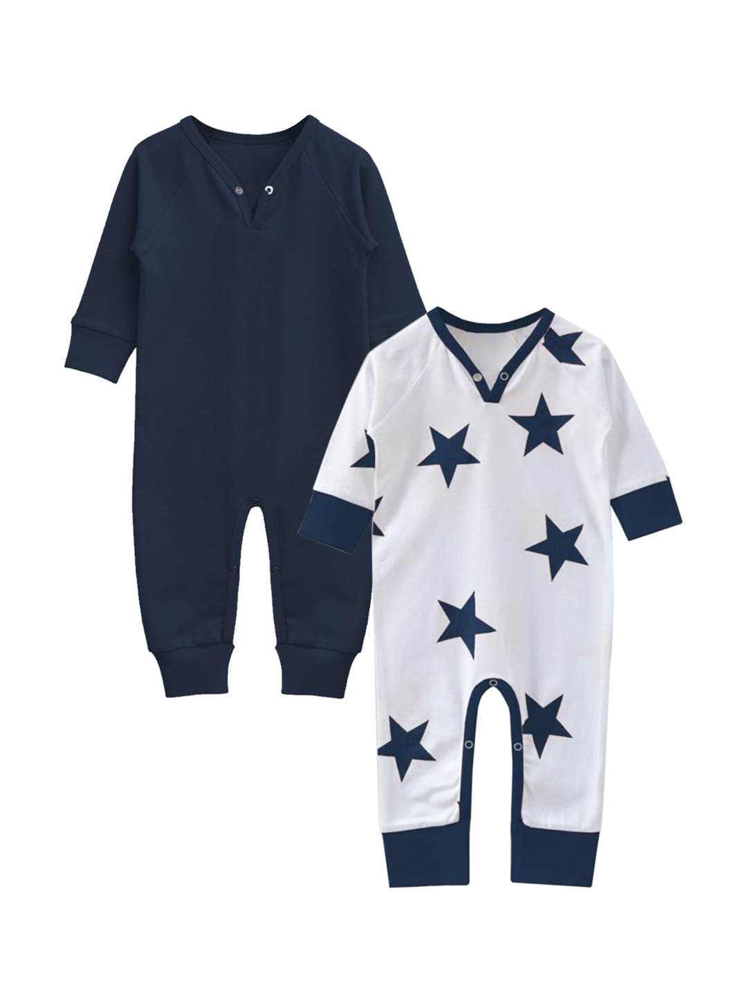 A.T.U.N. Infant Kids Set Of 2 White & Navy Blue Pure Cotton Rompers