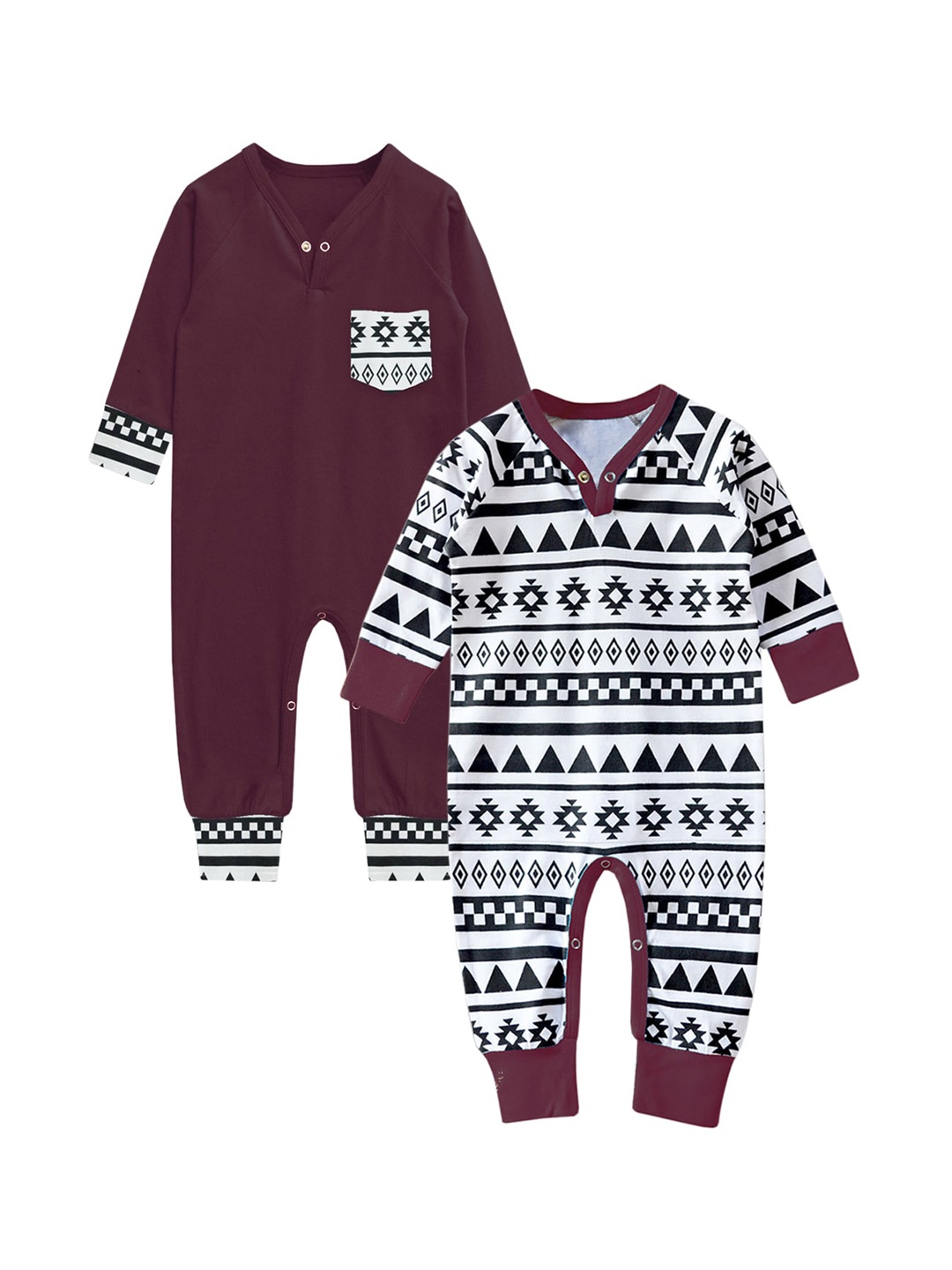 A.T.U.N. Infants Kids Pack Of 2 Burgundy & White Pure Cotton Rompers