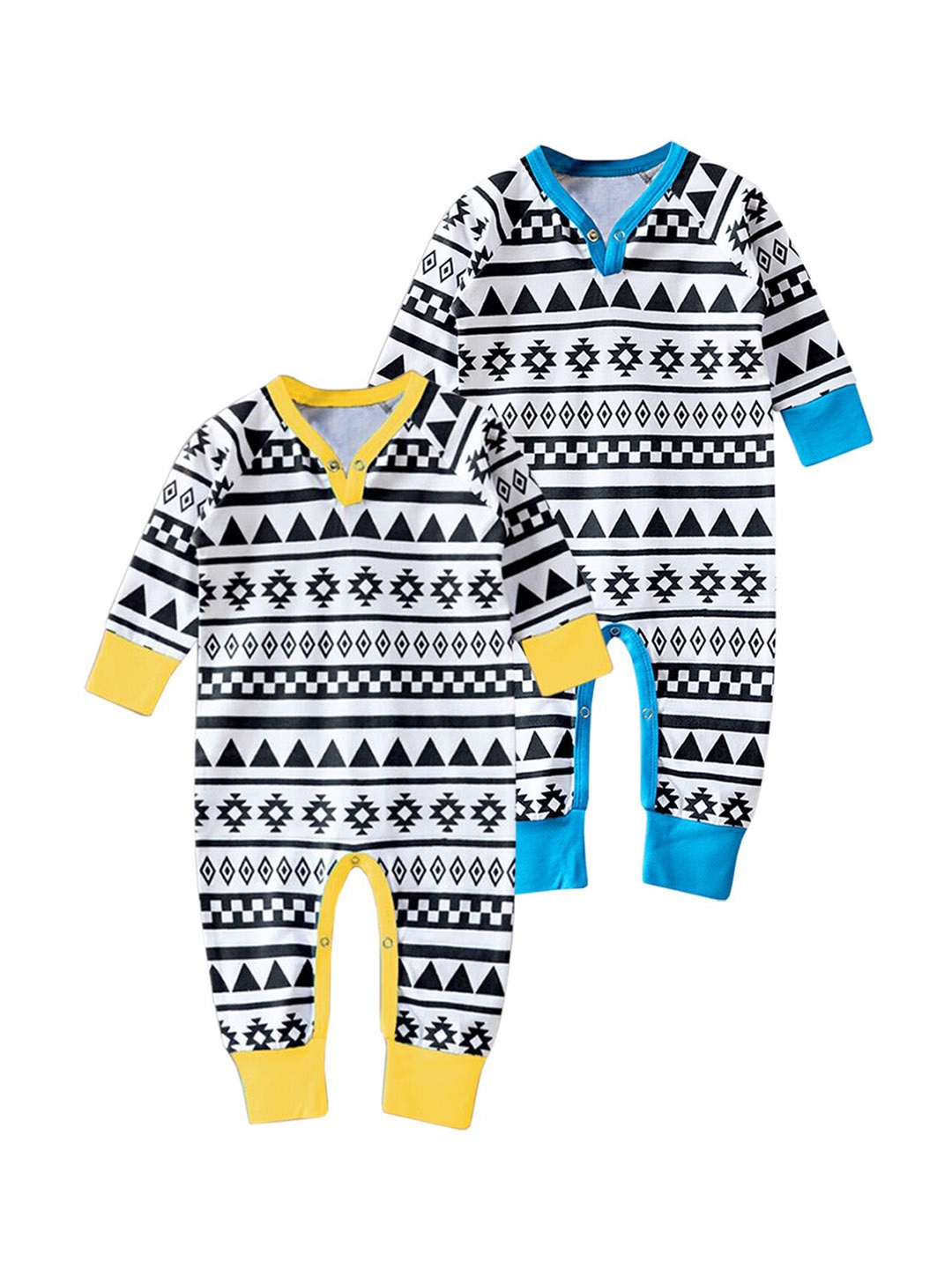 

A.T.U.N. Infants Kids Pack of 2 Blue & Yellow Printed Pure Cotton Rompers, White