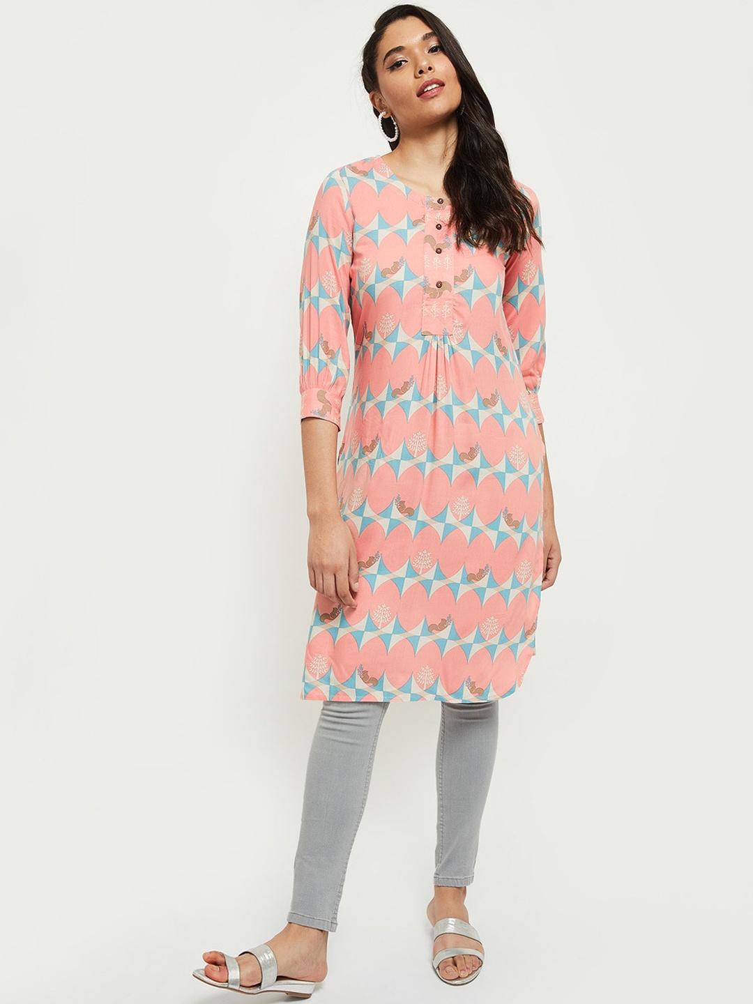max Women Pink & Blue Geometric Printed Kurta
