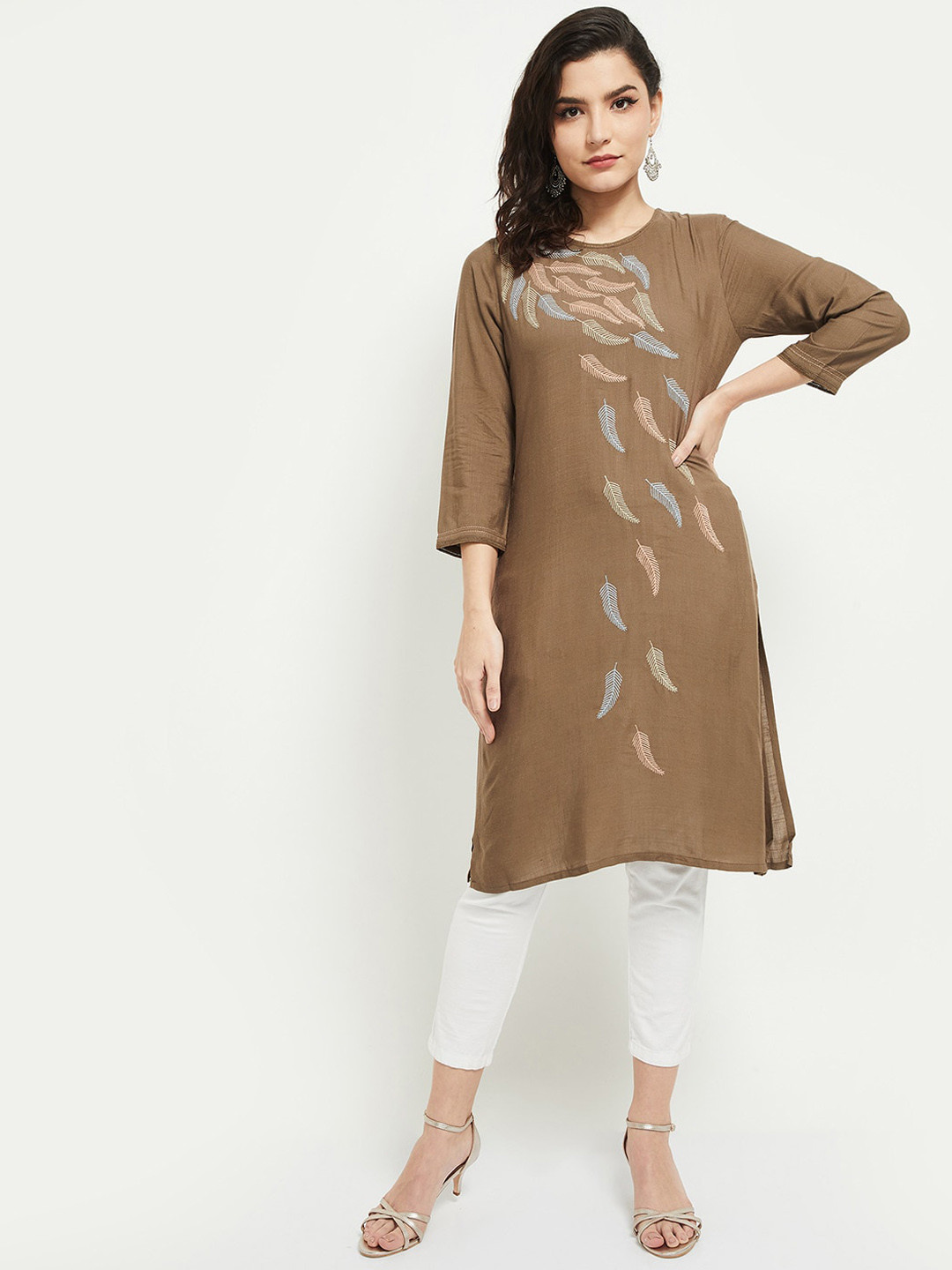 

max Women Brown Ethnic Motifs Embroidered Thread Work Kurta