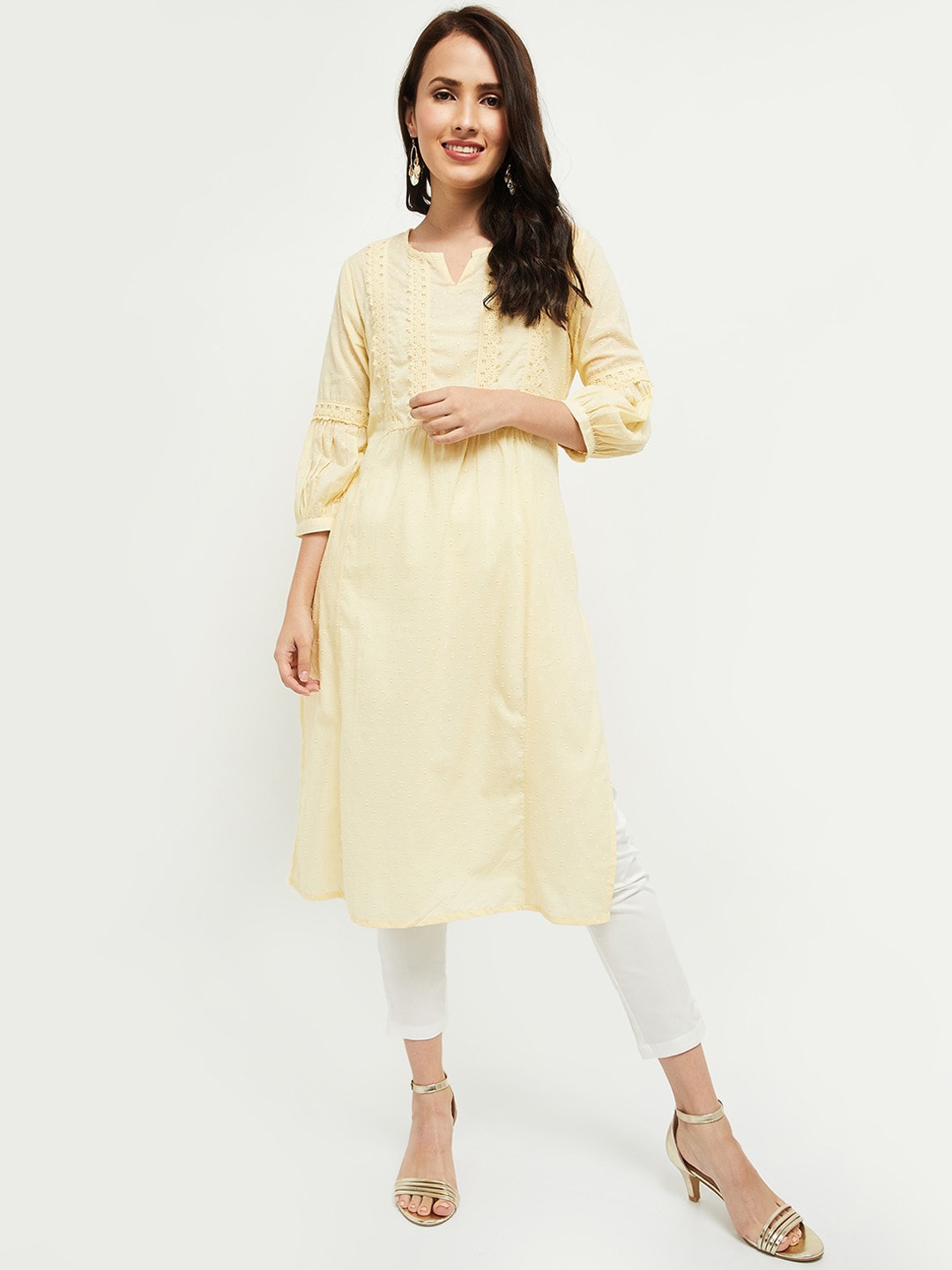 

max Women Yellow Yoke Design Thread Work Kurta