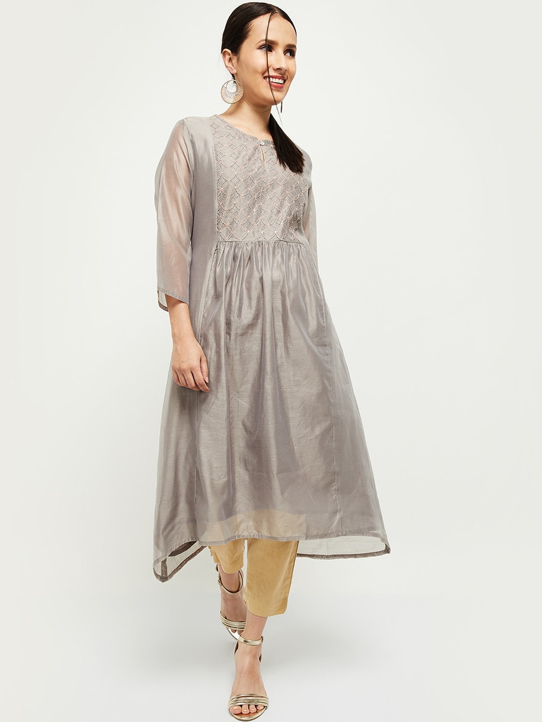 

max Women Grey Geometric Yoke Design Anarkali Kurta