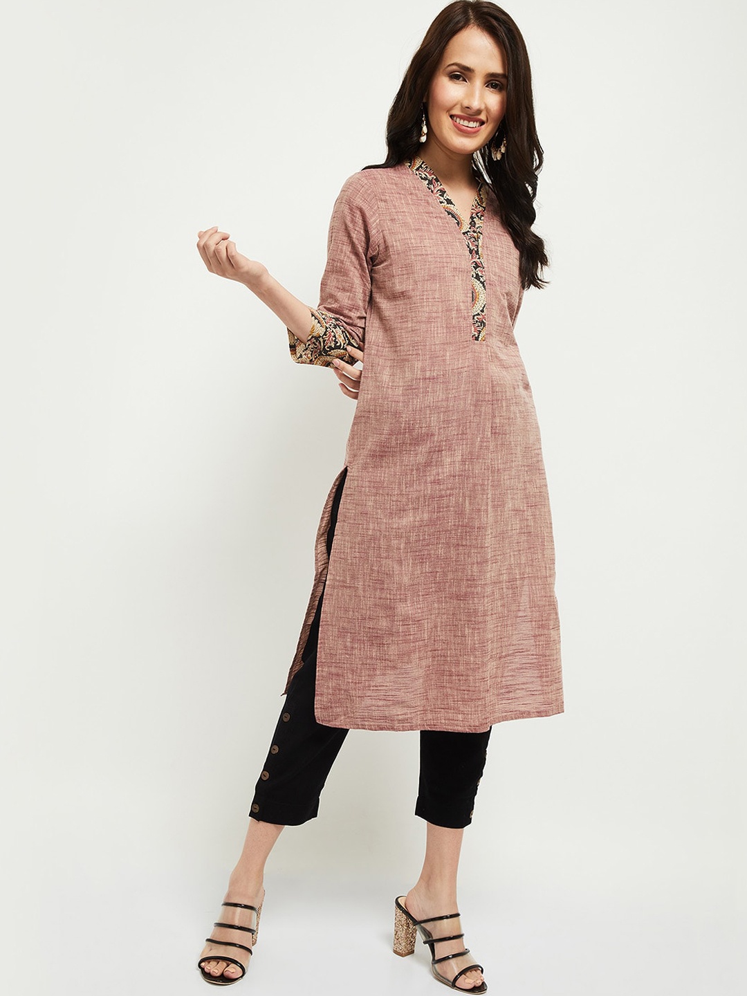 max Women Maroon Striped Mirror Work Kurta