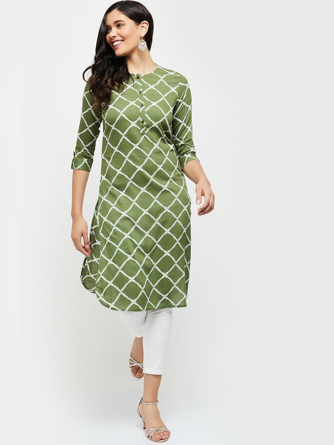 

max Women Green & White Geometric Printed Pathani Kurta