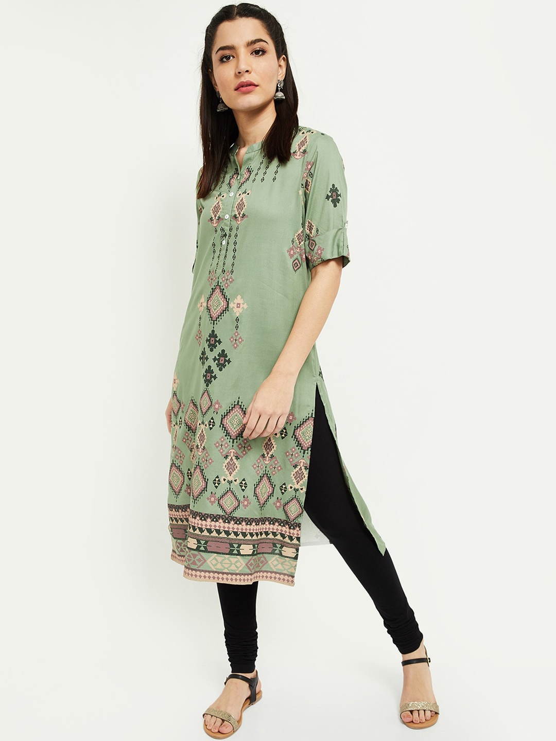 

max Women Green Ethnic Motifs Embroidered Mirror Work Kurta