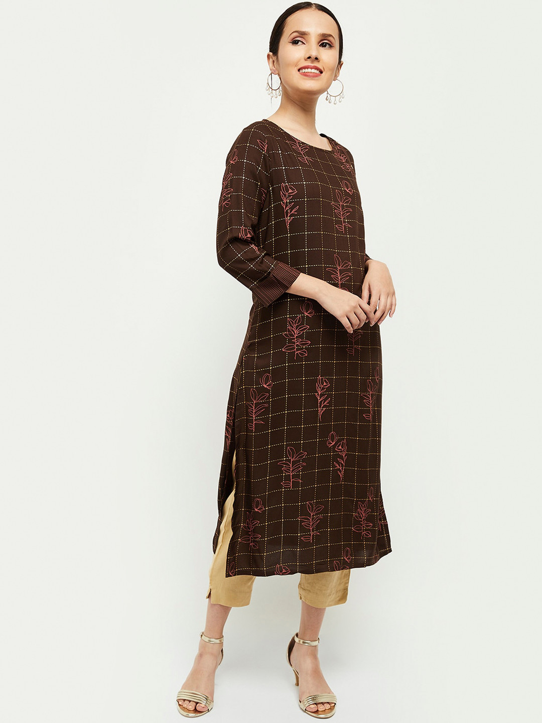 

max Women Brown & Pink Ethnic Motifs Printed Kurta
