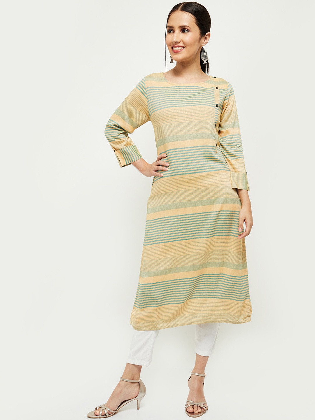 

max Women Peach-Coloured & Green Striped Kurta