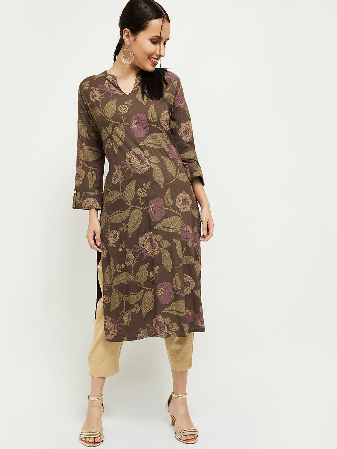 

max Women Brown Printed Flared Sleeves Kurta