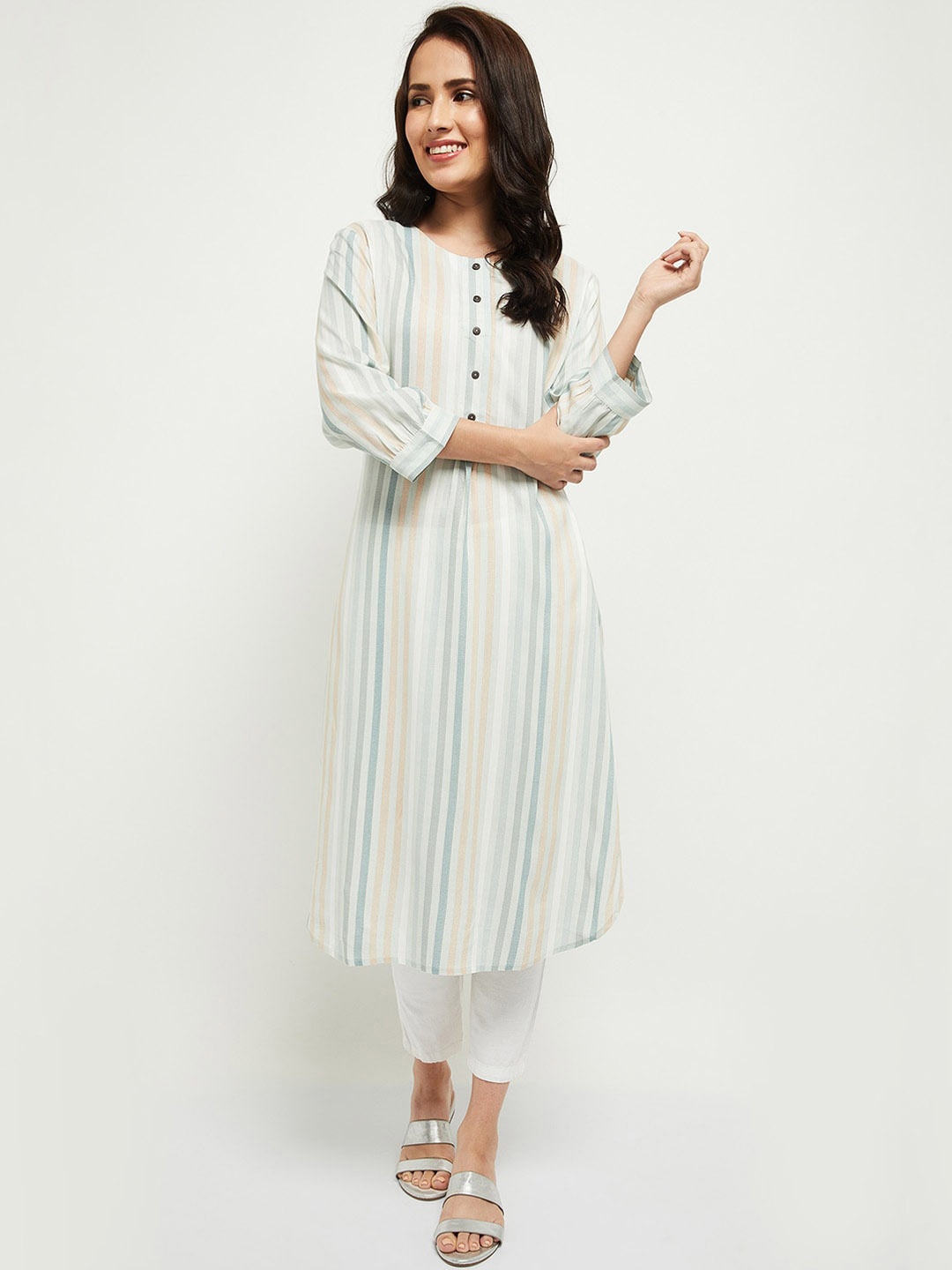 

max Women Off White & Grey Striped Kurta