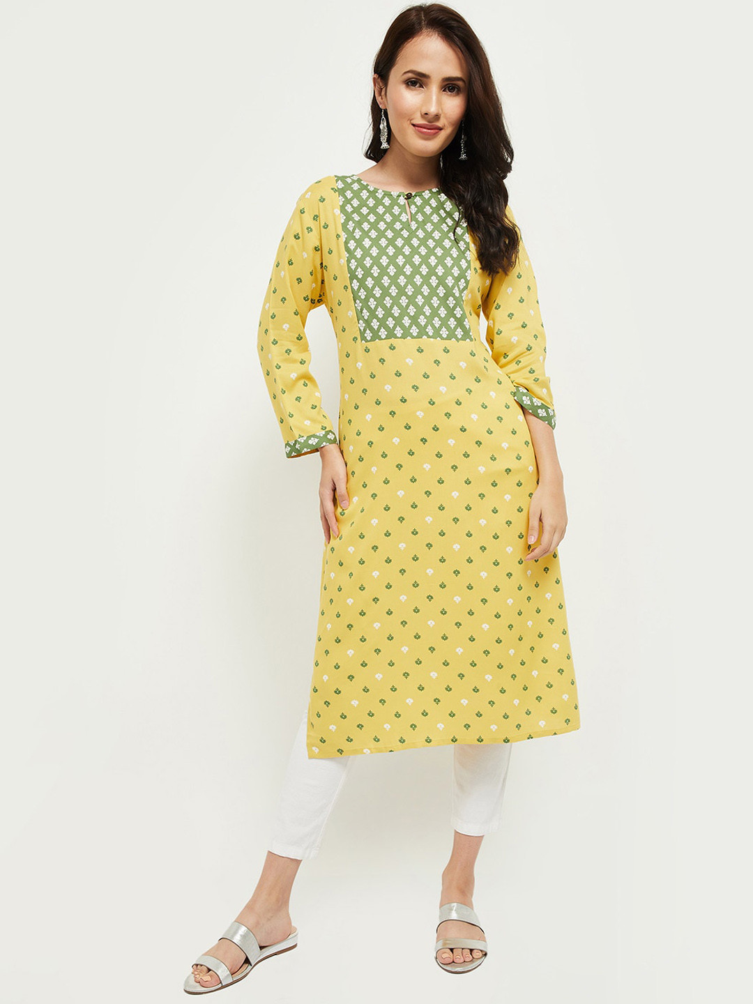 

max Women Mustard Yellow Geometric Printed Thread Work Kurta