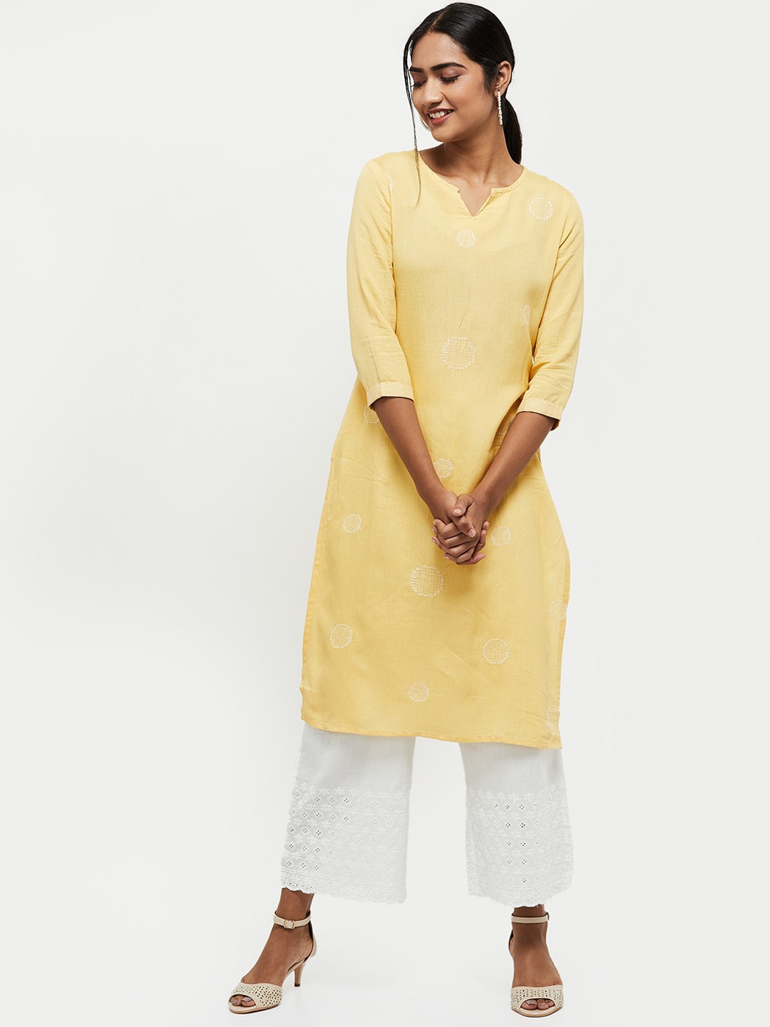 

max Women Yellow Embellished Keyhole Neck Chikankari Kurta