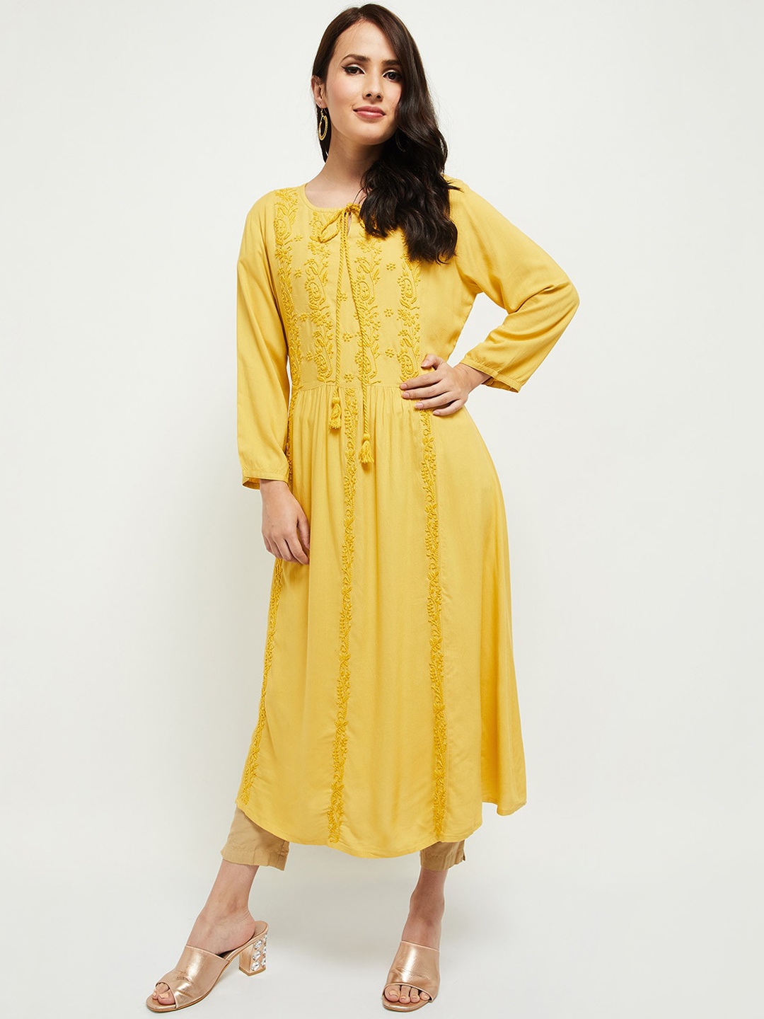 

max Women Mustard Yellow Ethnic Motifs Embroidered Kurta