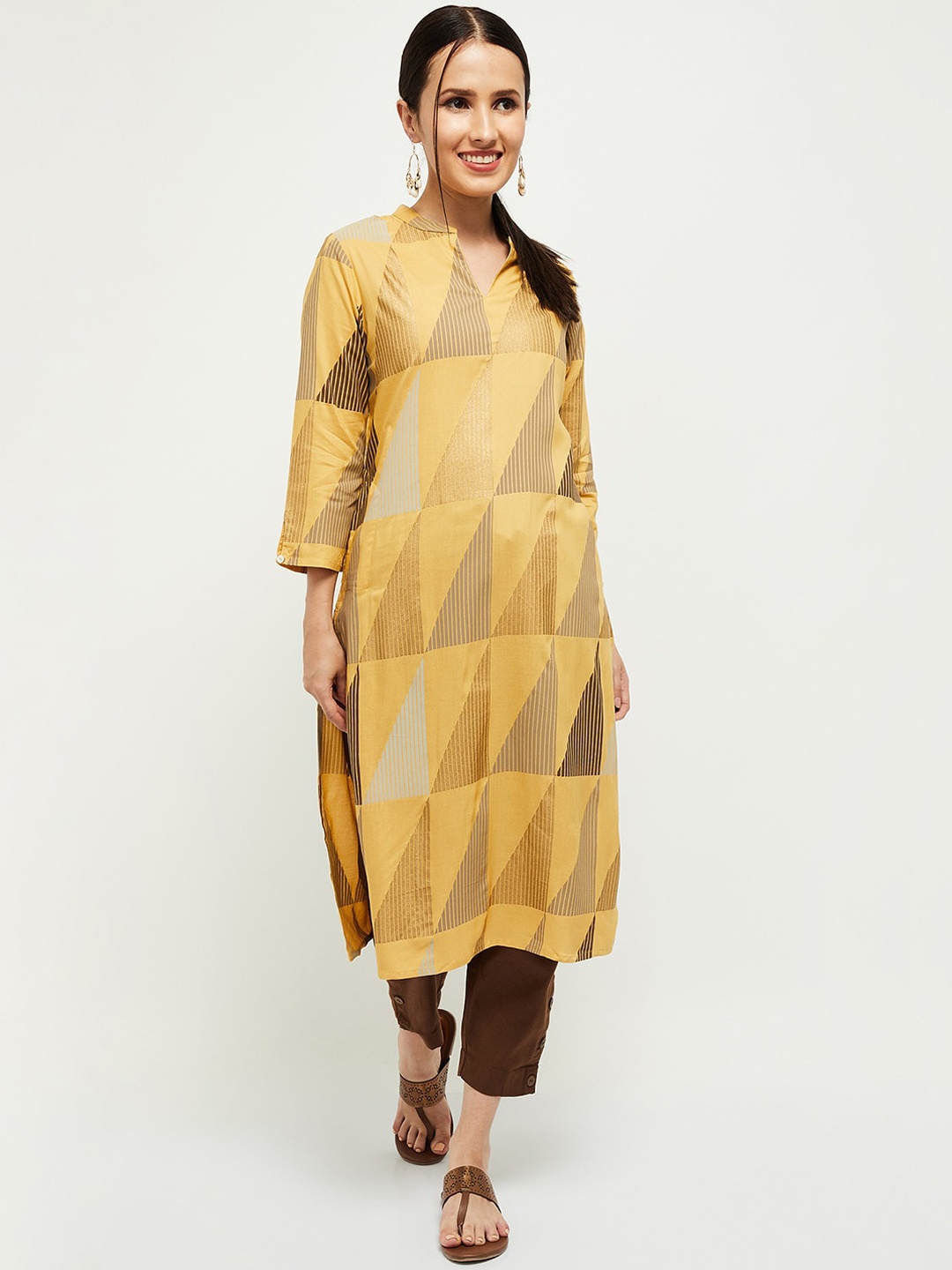 

max Women Mustard Yellow Checked Keyhole Neck Thread Work Kurta
